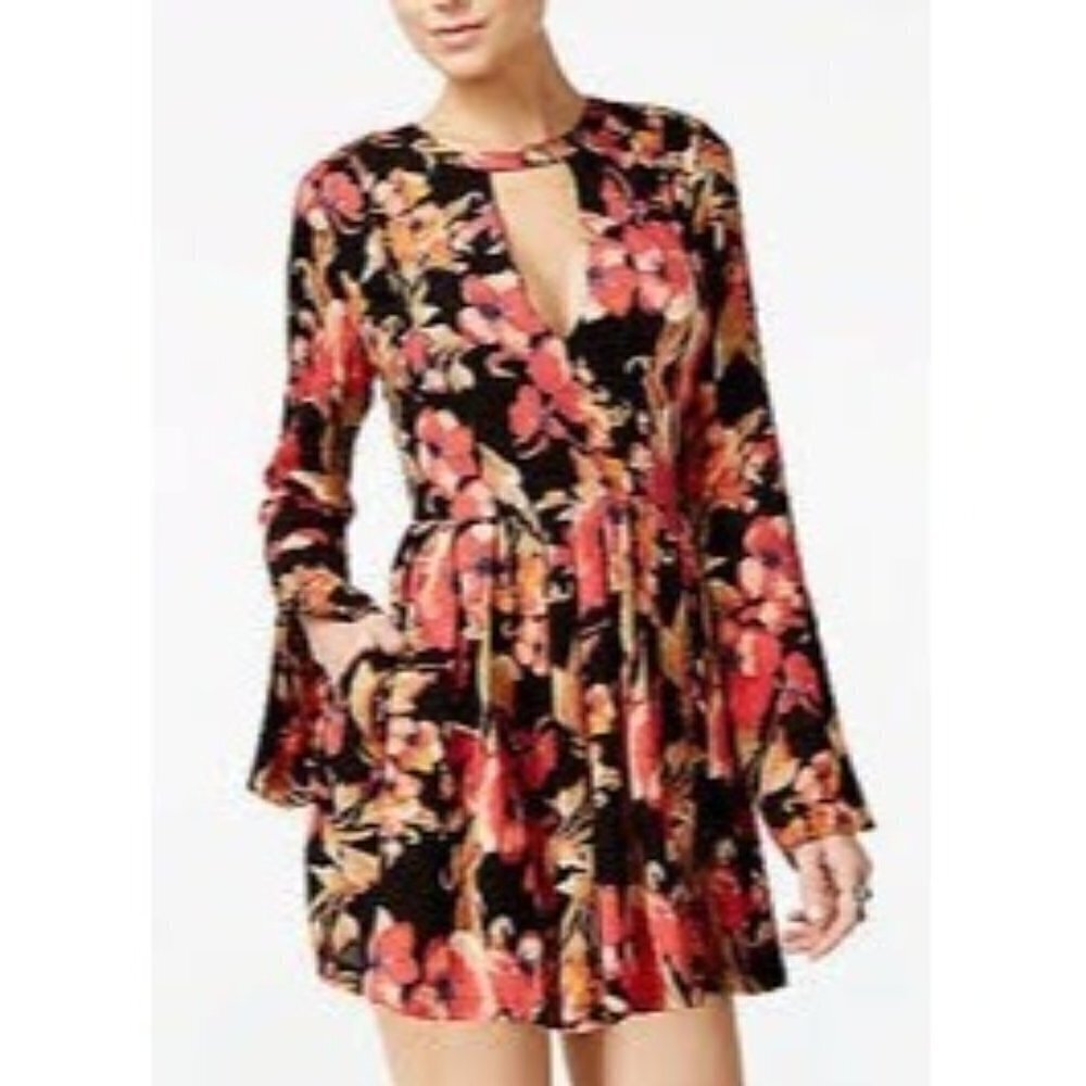Free People Tegan Red Black Mini Dress Size 12 Bell Sleeves Pockets Boho Style